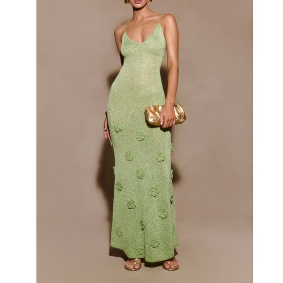 Meshki Dresses & Skirts - Meshki Suki Metallic Knit Maxi Dress Size M Women Tie Open Back In Pastel Green